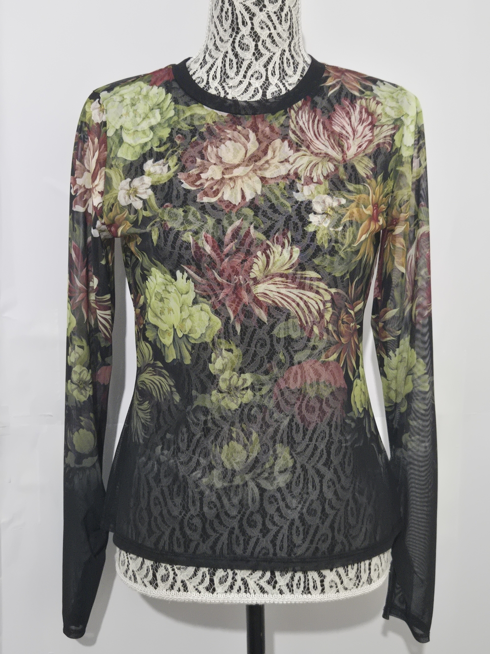 RACHEL Rachel Roy Green Floral Long Sleeve Mesh Top - Picture 2 of 7
